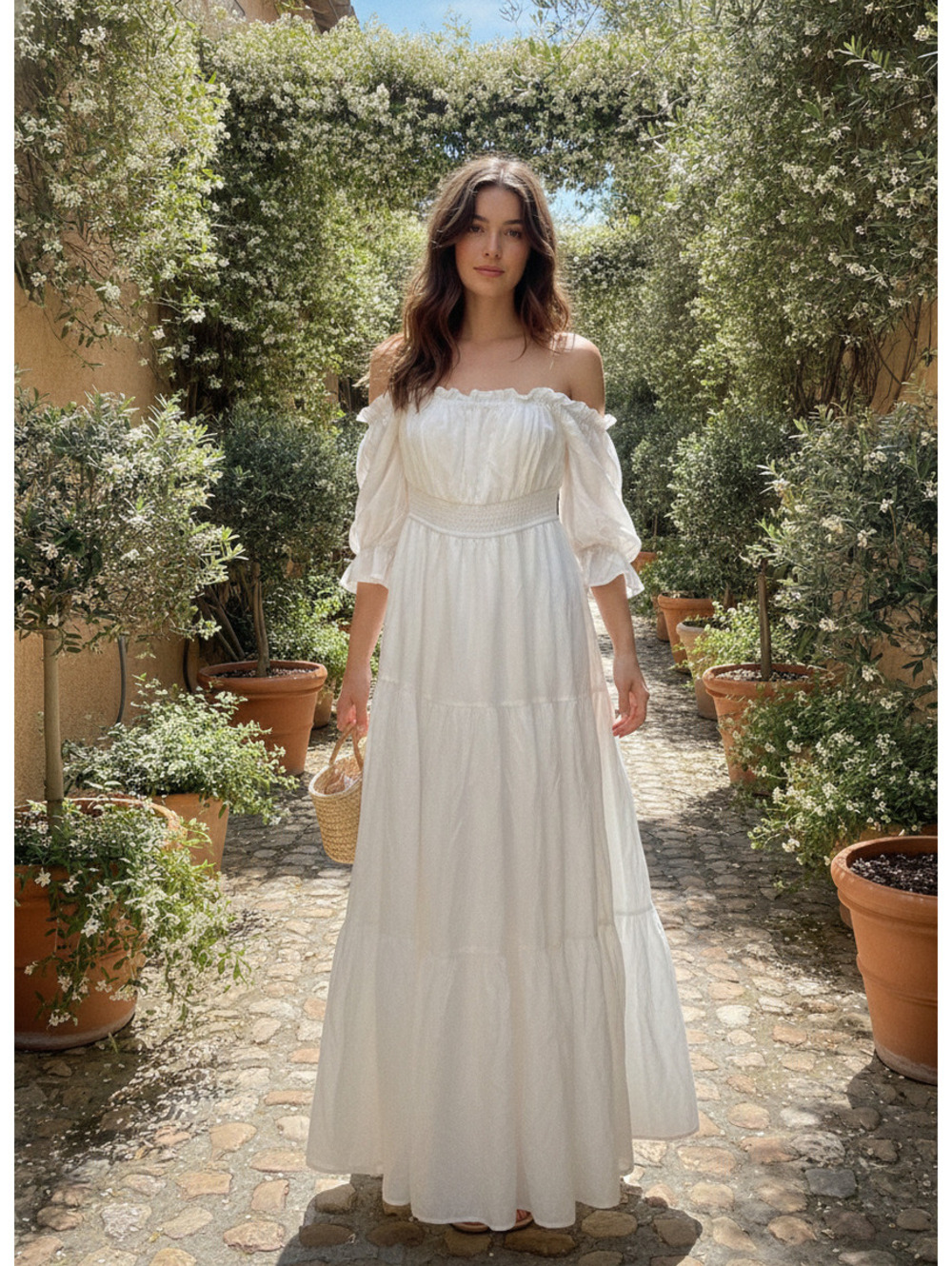 NWT Zesica white ruffle maxi dress off shoulder ethereal cottagecore coastal L